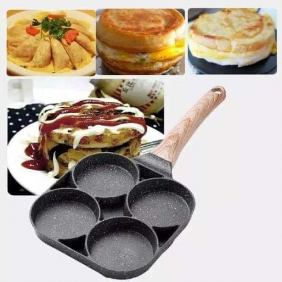Poêle à omelette antiadhésive à 4 trous, 1 pièce, pour hamburger, œufs, crêpes, jambon, poignée en bois, poêle à frire, pour petit déjeuner