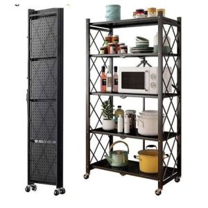 Étagère de rangement pliable en métal - 5 niveaux avec roulettes - Noir